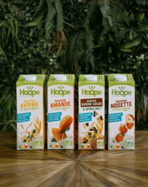 4 boissons végétales posées sur une table en bois avec un fond de mur végétal
