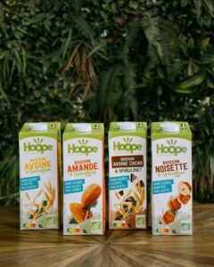 4 boissons végétales posées sur une table en bois avec un fond de mur végétal